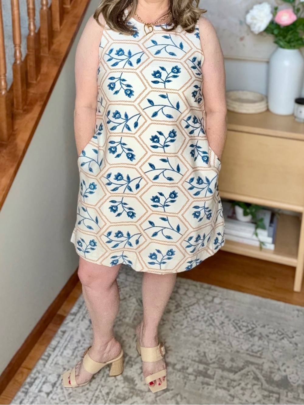 Jodifl Brand New Sleeveless Cream Dress with Blue Floral/Hex Print